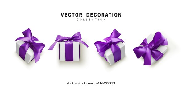 Set of gifts box. Collection realistic gift presents view top, side perspective view. Celebration decoration objects. Isolated on white background. vector illustration