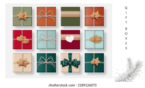 Set of gifts box in craft style Top view. Gift presents vector illustration.