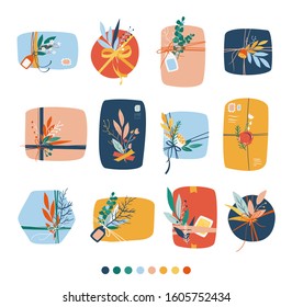 Set of gifts box. Gift boxes top view, beautifully decorated with flowers, bows, rope, stamps. Set of different present boxes. Surprise box, stickers collection. Vector. Surprising gift icons set.