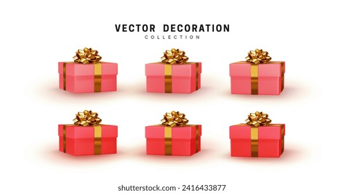 Set of gifts box pink color. Collection realistic gift presents with golden fluffy bow. Holiday 3d objects. vector illustration.