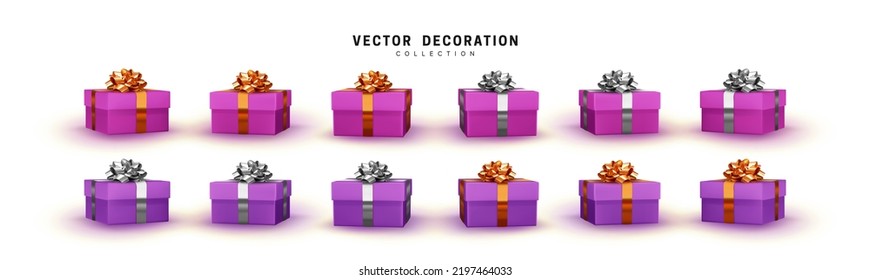 Set of gifts box purple and violet color. Collection realistic gift presents with golden and silver fluffy bow. Holiday 3d objects. vector illustration.