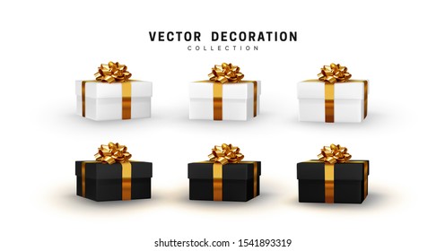 Set of gifts box white and black gold bow. Collection realistic gift presents. Surprise boxes. Celebration decoration objects. Isolated on white background. vector illustration