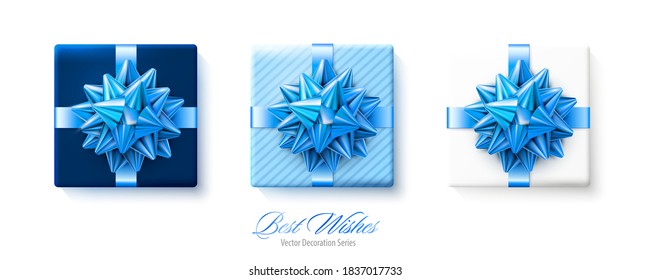 Set of gifts boxes with blue bows and ribbons isolated on white background. Vector realistic gift presents for holiday design. Top view