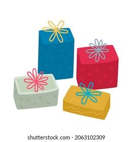 conjunto de regalos en cajas con arcos y cintas. ilustración vectorial plana aislada en fondo blanco