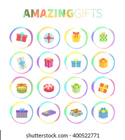 Set of gifts boxes design flat icon. Colorful gift wrap box present with bows and ribbon isolated, gift package holiday christmas surprise for anniversary or birthday or xmas gift. Vector illustration