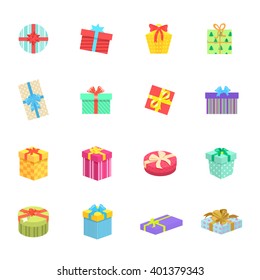 Set of gifts boxes design flat icon. Colorful gift wrap box present with bows and ribbon isolated, gift package holiday christmas surprise for anniversary or birthday or xmas gift. Vector illustration