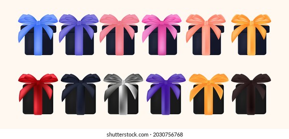 Eine Reihe von Geschenken in Kisten. Geschenkverpackung mit Bögen. Design-Element für Feiertage und Partydekoration. Geschenke verschiedener Farben, rot, schwarz, gelb, rosa, grau, blau, braun, gelb, lila. Vektorgrafik