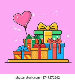 set gifts boxes and heart ballon presents colors vector