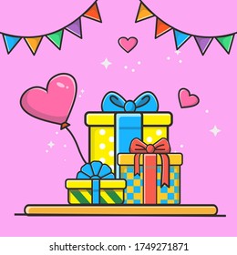 set gifts boxes and heart ballon presents colors vector