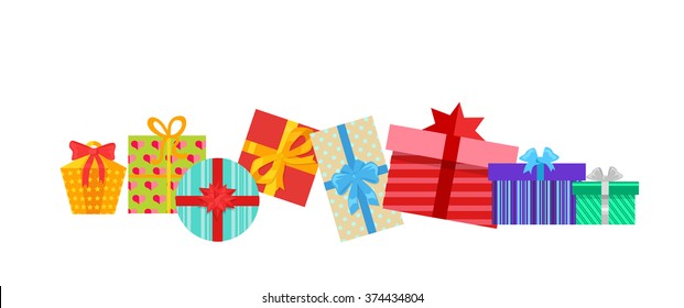 Set of gifts boxes isolated design flat. Ribbon and bow on present, holiday christmas, surprise for anniversary or birthday or xmas illustration