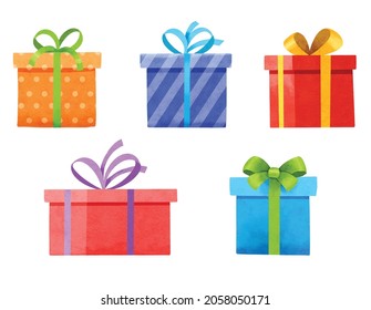 Set of gifts boxes isolated on white. Watercolor christmas and new year set with gift boxes.