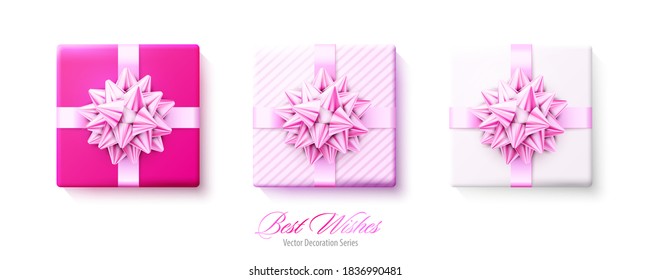 Set of gifts boxes with pink bows and ribbons isolated on white background. Vector realistic gift presents for holiday design. Top view