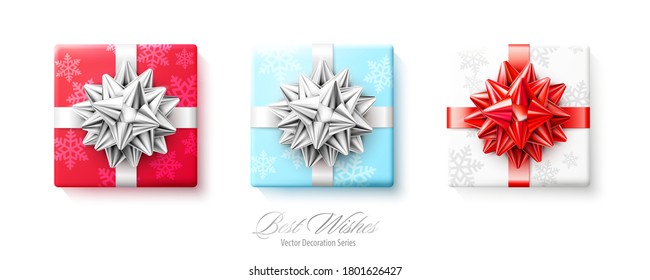 Set of gifts boxes with silver and red bows and ribbons isolated on white background. Vector realistic gift presents for holiday design. Top view