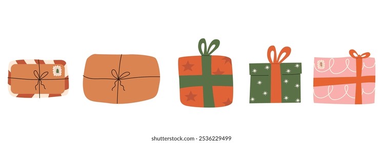 set of gifts for Christmas and New Year. colorful gifts under the tree with patterns