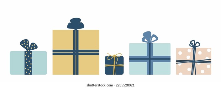 A set of gifts in colorful boxes with ribbons. Flat style vector illustration isolated on white background. For decoration of various holidays.