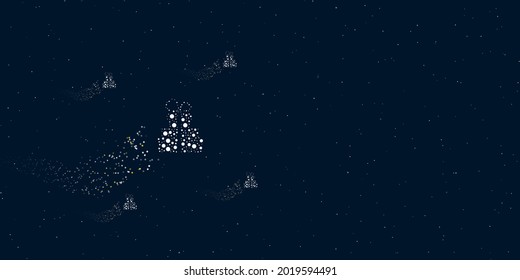 Un conjunto de regalos llenos de puntos vuela por las estrellas dejando un rastro detrás. Cuatro pequeños símbolos alrededor. Espacio vacío para texto a la derecha. Ilustración vectorial sobre fondo azul oscuro con estrellas