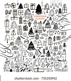 Set of gifts, fir-trees, surprises and other Christmas elements. Holiday attributes collection. Ink illustration. Modern brush calligraphy. Isolated on white background.