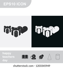 Set of gifts flat black and white vector icon. Heart illustration.