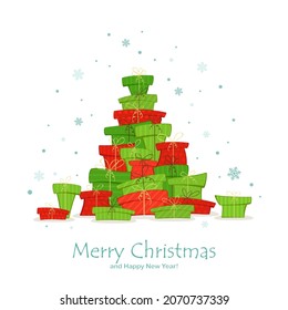 Set of gifts in the form of a Christmas tree on white background with snowflakes and text Merry Christmas and Happy New Year. Illustration can be used for holiday design, cards, invitations and banner