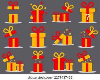 A set of gifts. Gift boxes. Boxes with ribbons. Holiday, congratulations, surprise. Flat style.