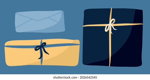 A set of gifts in gift packages, a collection of Christmas gifts, a happy new year holiday, a cute and cartoon illustration for creating a design, a vector file, Print