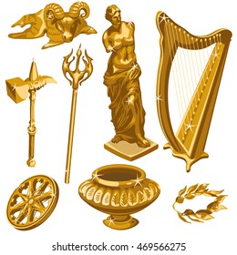 The set of gifts of gold on the theme of ancient Greece and Rome. Vector illustration.
