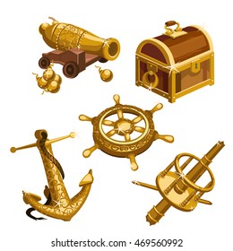 The set of gifts of gold on the topic of seafaring and pirates. Vector illustration.
