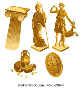 The set of gifts of gold on the topic of ancient Greece. Vector illustration.
