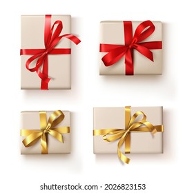 a set of gifts with a gold and red ribbon. Vector illustration of festive paper bags with silk or satin bows.A design element for a greeting card. An isolated object, a clipart in the style of a flat 