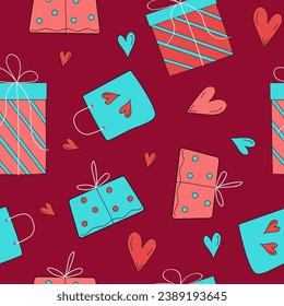 Haz regalos, corazones, empaque festivo. Patrón vectorial. Fondo sin inconvenientes, textura. Elementos de diseño de empaque, decoración, tapicería para vacaciones, bodas, cumpleaños al estilo doodle. Fondo brillante.