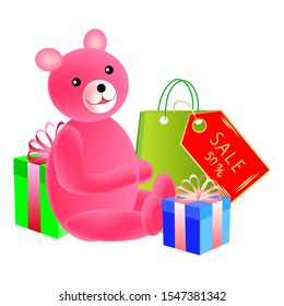 Set of gifts for the holidays. Toy pink bear, two colorful gift boxes, green shiny gift shopping bag, red label with a gold inscription sale 50 percent, discount.