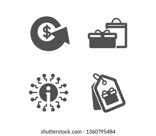 Set of Gifts, Info and Dollar exchange icons. Coupons sign. Birthday boxes, Information, Money refund. Shopping tags.  Classic design gifts icon. Flat design. Vector