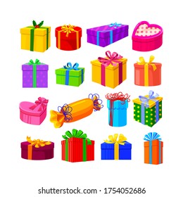 Set of Gifts Isolated on White Background. Colorful Present Boxes of Different Shapes Wrapped with Ribbons and Bows for Christmas, Boxing Day, Birthday Celebration. Cartoon Vector Illustration, Icons