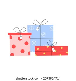 Set of gifts with labels for Christmas, New Years and Birthday cards, typography poster, label, brochure, flyer, page, banner. Vector illustration in flat style.