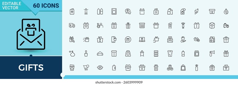 Set of Gifts line icon. Includes symbols for surprise, anniversary, birthday, package, packaging and more. Thin line icons set. Box related icon. Vector illustration. Pixel perfect.