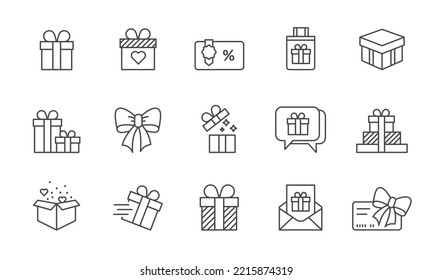 Juego de Iconos de Línea de Regalos. Tarjeta Regalo, Oferta Actual, Cinta, Símbolos Bow. Ilustración vectorial. Stroke Editable