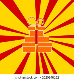 Set of gifts on a background of red flash explosion radial lines. The large orange symbol is located in the center of the sun, symbolizing the sunrise. Vector illustration on yellow background