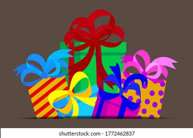 Set de regalos, regalos. Cajas para navidad. Contenedores de colores realistas con sorpresas. Imagen vectorial.