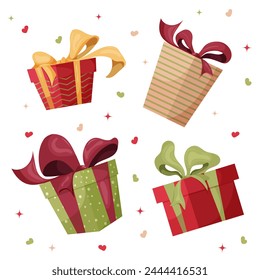 Set of gifts, presents, gift boxes with ribbons a white isolate background with multicolor hearts, and stars. It is a vector illustration.