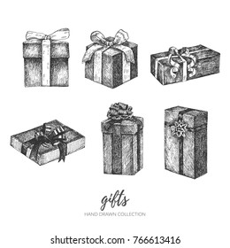 Set of gifts or presents. Hand drawn vintage black and white elements. Isolated vector items.