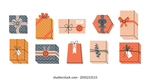 Set of gifts and presents on Christmas or Holidays.
Vector illustration in vintage retro color isolated on white background 