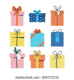 Set of gifts and presents on Christmas, birthday or Holidays.
Vector illustration isolated on white background 