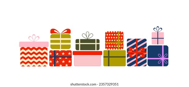 Set of gifts and presents in retro colors. Birthday, Christmas, New Year, Valentine. Wrapped giftbox with ribbon and bow. 