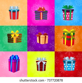 Set of gifts with ribbons wrapped in colored paper isolated on multicolor background. Vector illustration, icons, clip art. Also can be used as seamless pattern.