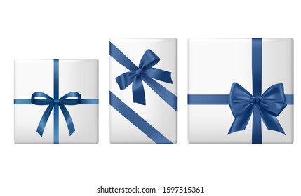 Set of gifts with satin ribbons and different bows. Gift wrapping, holiday offer, sale and discounts, anniversary and birthday. Vector design elements isolated.