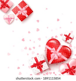 Set of gifts in square and hearts shaped boxes with silk ribbon and bow. Present for Valentine's day decorated confetti. Template for banner or greeting card. Vector