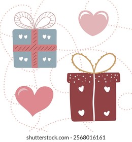 set of gifts with tags and hearts. perfect for valentine's day
