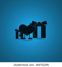 Set of gifts and toy heart icon. Flat illustration.
