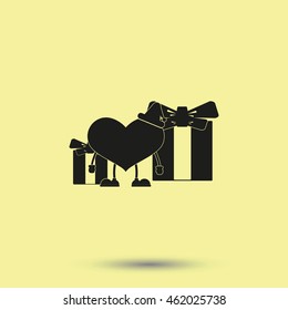 Set of gifts and toy heart icon. Flat illustration.