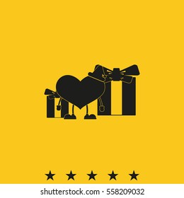 Set of gifts and toy heart icon. Flat illustration.